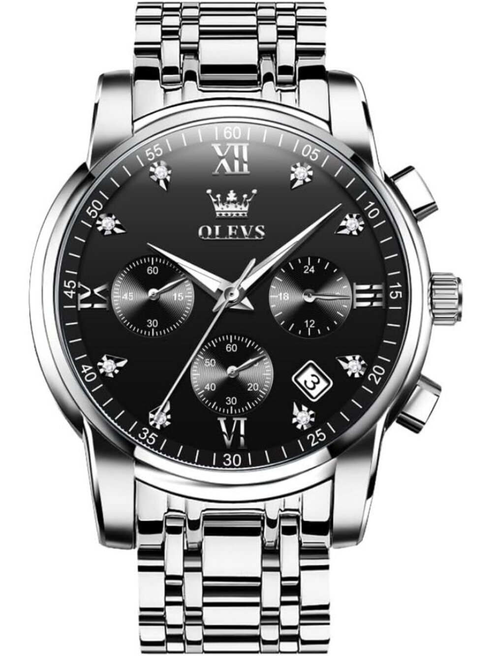 Men's Black Face/Silver Strap Stainless Steel Chronograph Waterproof Dress Watch